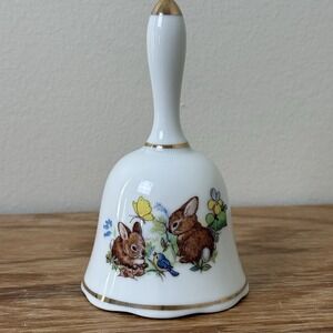 Vintage Porcelain Bell Bunny Rabbit Bird Gold Trim Collectible Spring Easter